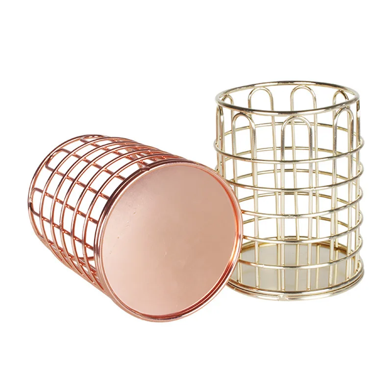 Rose gold & Gold Capacity Metal Wire Mesh Pen Cup Round Pencil Holder for Desk Organizer