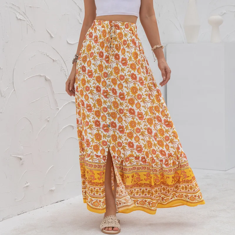Women Summer High Waist Button Up Skirt Casual Long Maxi Skirts Asymmetrical Skirt