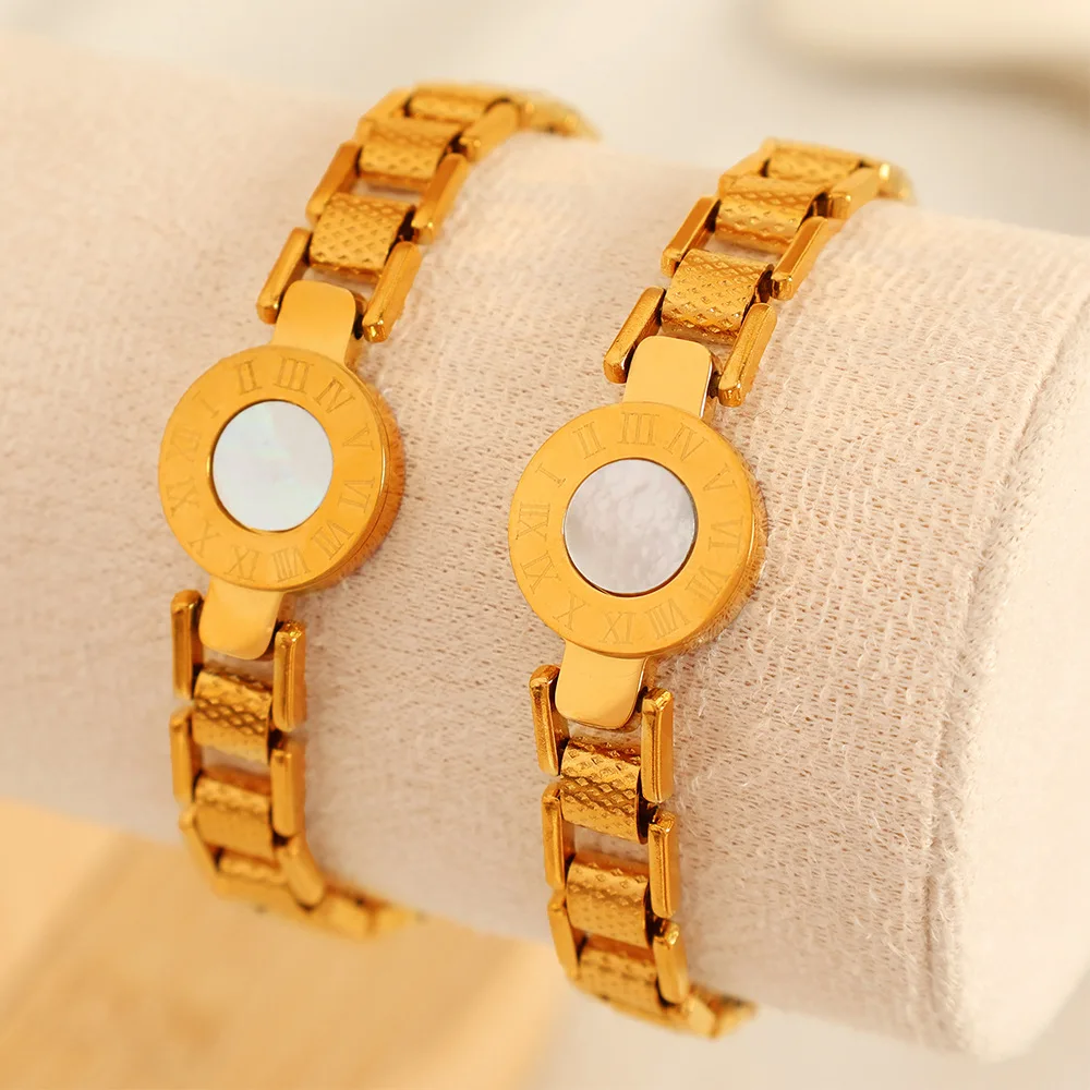 2024 New Arrival Women Tarnish Free 18k Pvd Gold Plated 316L Stainless Steel Roman Number Watch Band Bracelet
