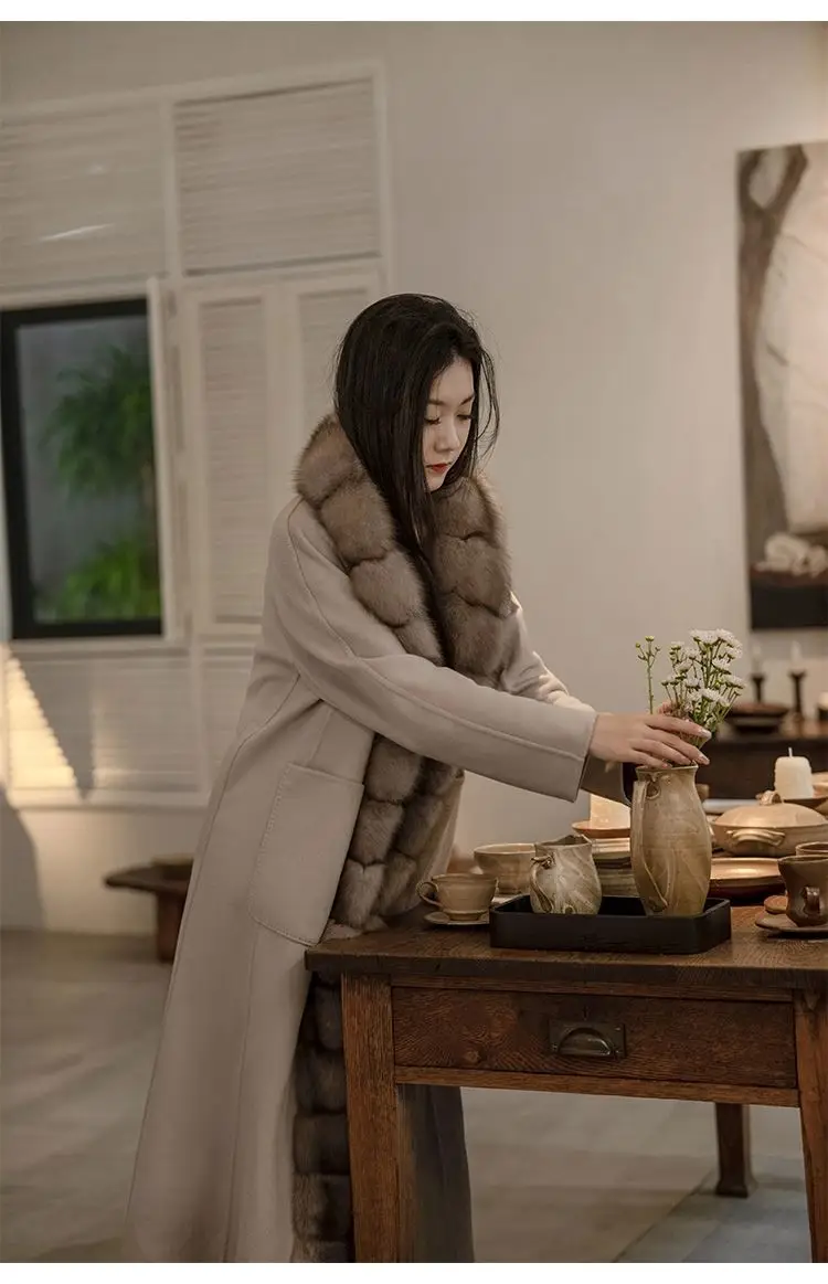 Factory Custom Fashion Luxurious Winter Lady Real Mink Fur Wool And Cashmere Double Sided Fur Coat