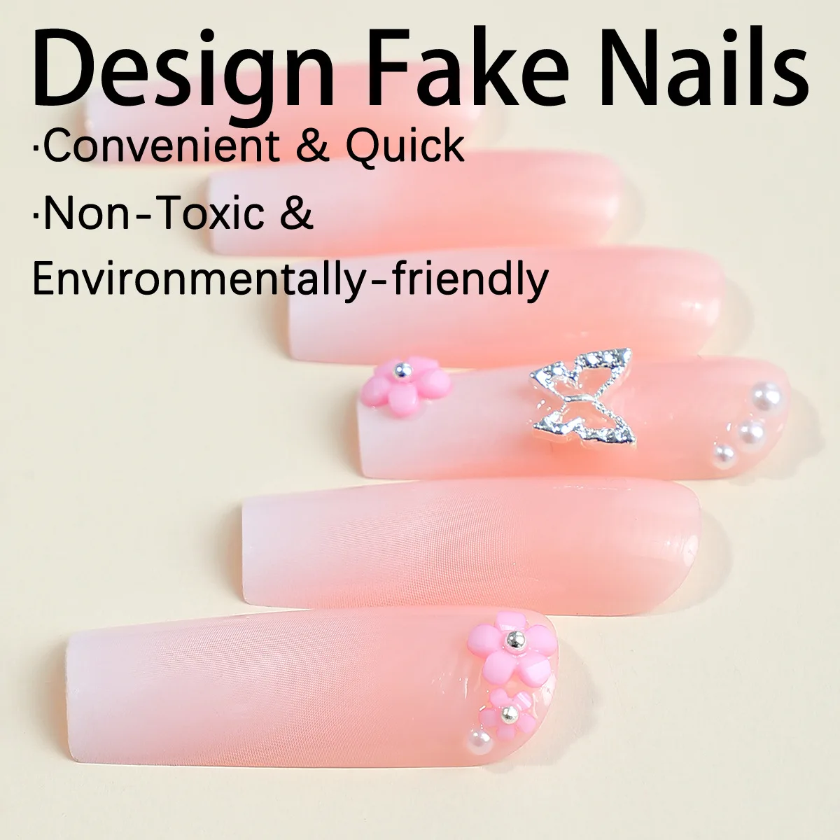 RONIKI Wholesale Long Water Pipe Press on Nail Sheet Flower Water Diamond Butterfly Pearl Nail Sheet 24 Fake Nails
