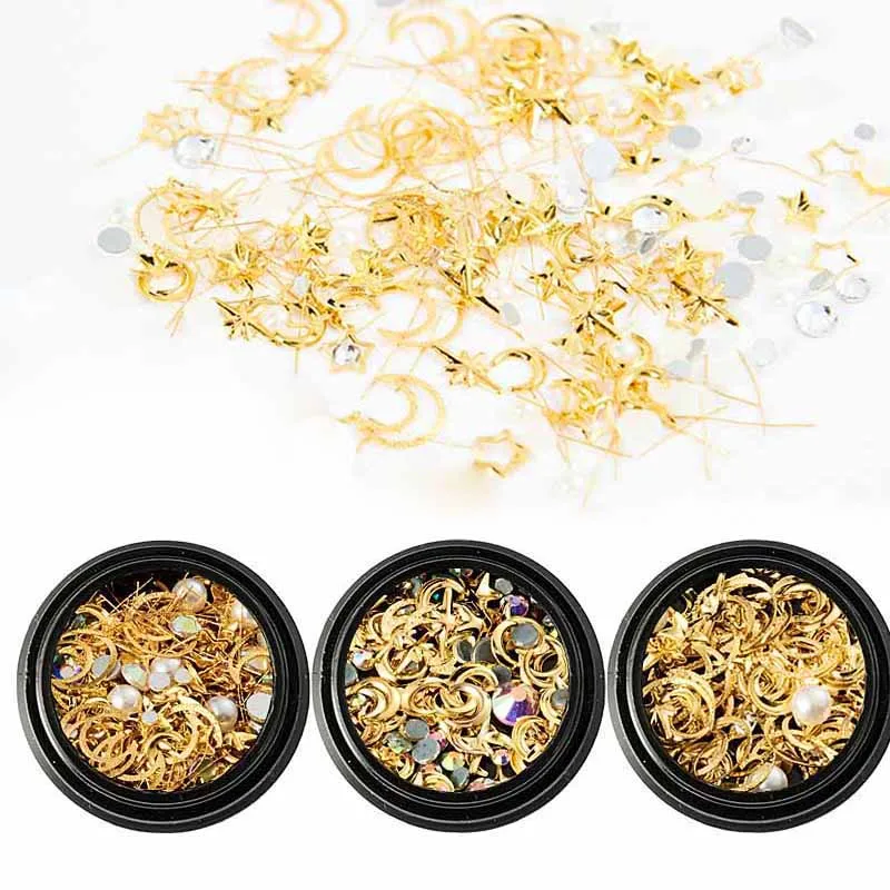 Custom Half Moon Shell Diamond Gold Nail Flakes Wholesale Mixed Flat Back One Box Nail Charms
