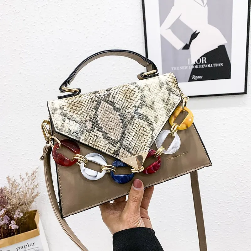 
Dropshipping lady bag 2021 New Korean style contrast color snake pattern color chain portable small square bag 