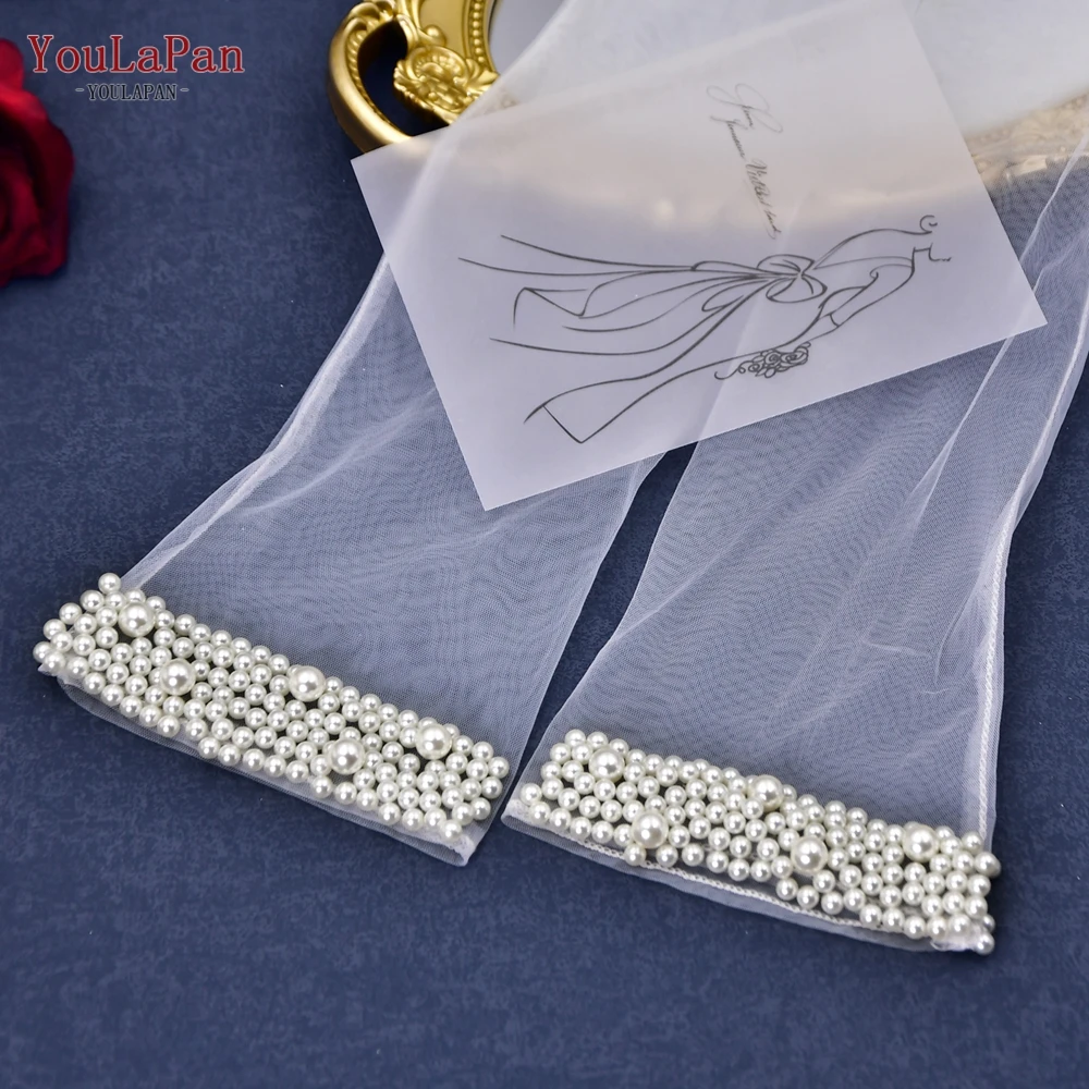 YouLaPan VM01-A Bachelor Party Accessories Clear Mesh Wedding Gloves Pearl Elbow Length Full Finger Bridal Gloves