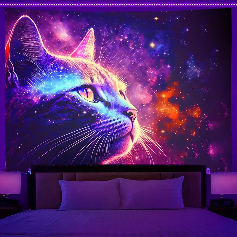 Fluorescent wall hanging fantasy starry sky landscape cat pattern tapestry home bedroom room hippie decorative background cloth