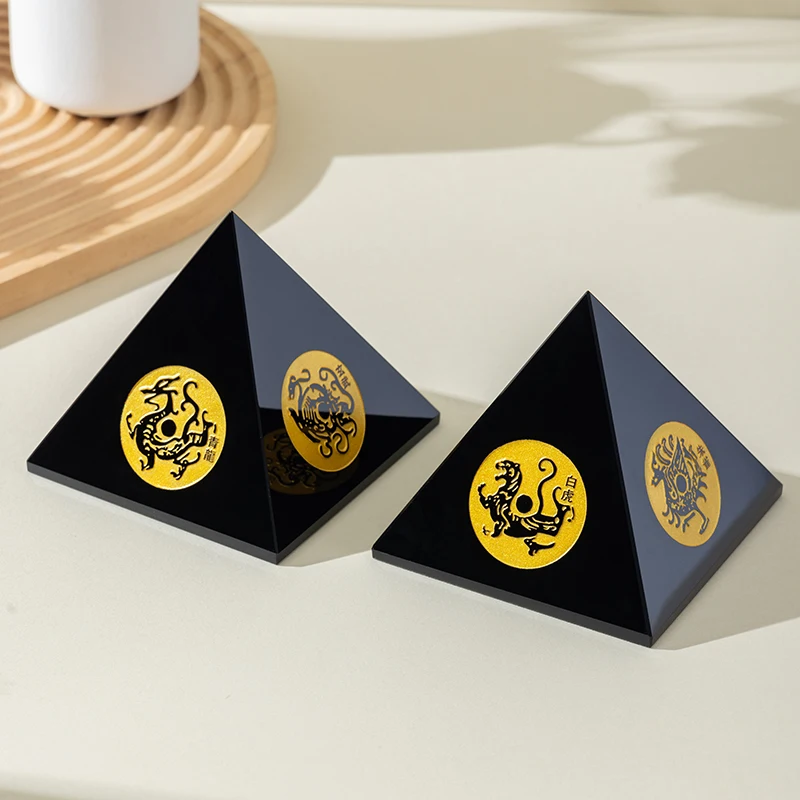 Natural Obsidian Four Divine Beasts Pyramid Ornament for House Protection and Home Decoration - Original Stone Feng Shui Style