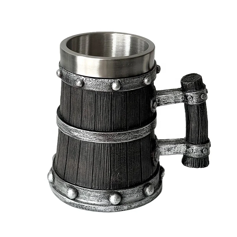 New Arrival Unique Oak Barrel Beer tankard Stein Stainless Steel Coffee beer Cup 300-600ML handmade Horn Resin Viking Beer Mug