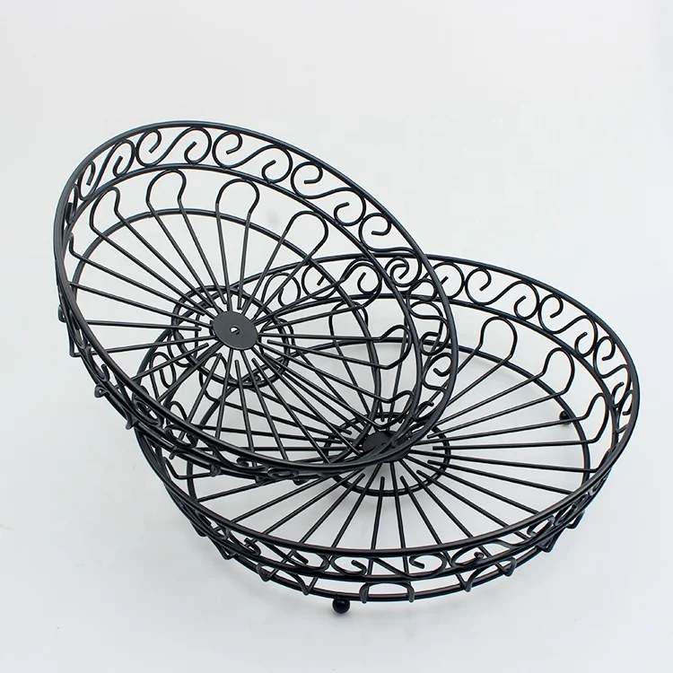 Factory Wholesale Large Discount Black 2 Tier Round Metal Fruit Basket Hanger  fruit basket
