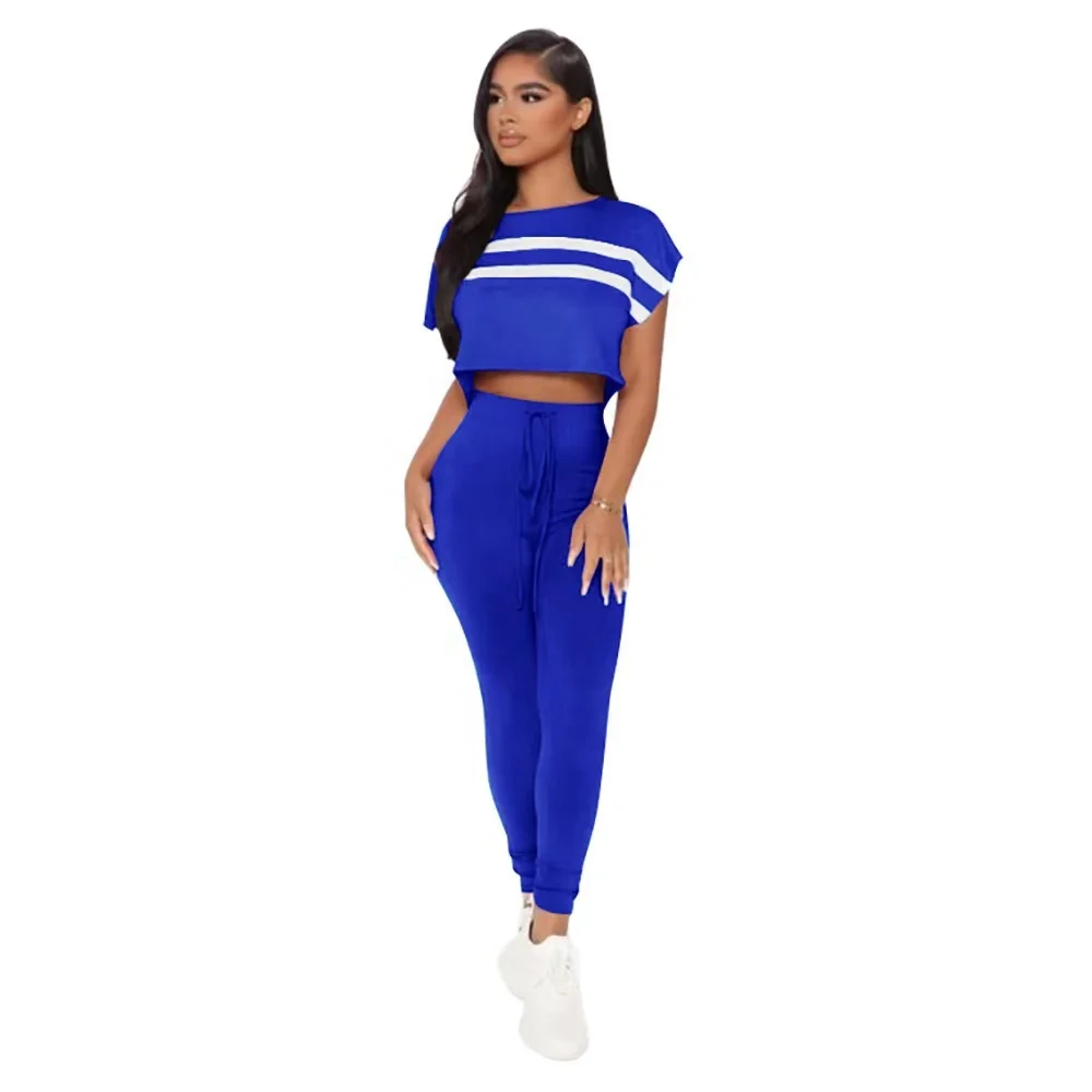 2024 New Arrival Short Sleeve Top And High Waist Trousers Set Women Clothes Print Crop Top 2 Piece Jogging Sportswear Outfit Set
