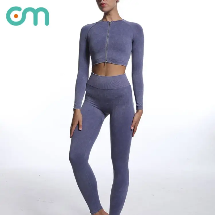 Autumn and winter new seamless sand wash body fitness zipper long sleeve sports tight running yoga set