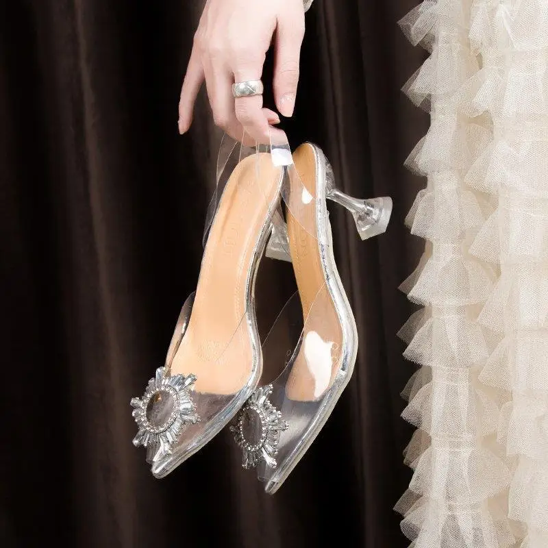 Womens Heels New Pointed Straight Sunflower High Heels Transparent Crystal Shoes Thick Heels Wine Glasses Sandals For Women