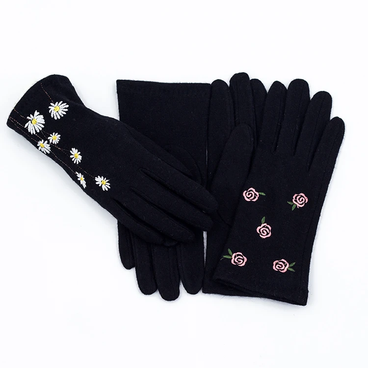 Лидер продаж перчатки с цветочной вышивкой для женщин черные кашемировые