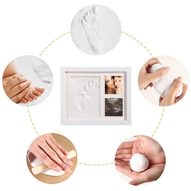 Hot Sale Wooden Baby Foot Hand Print  Photo Frame Kit Clay for Newborn