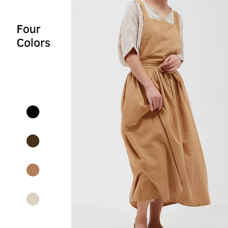 100% Cotton Sleeveless Women Long Apron Skirt Home Garden Kitchen Cooking Cafe Barista Baking Flower Shop Waitress Work Bib Logo