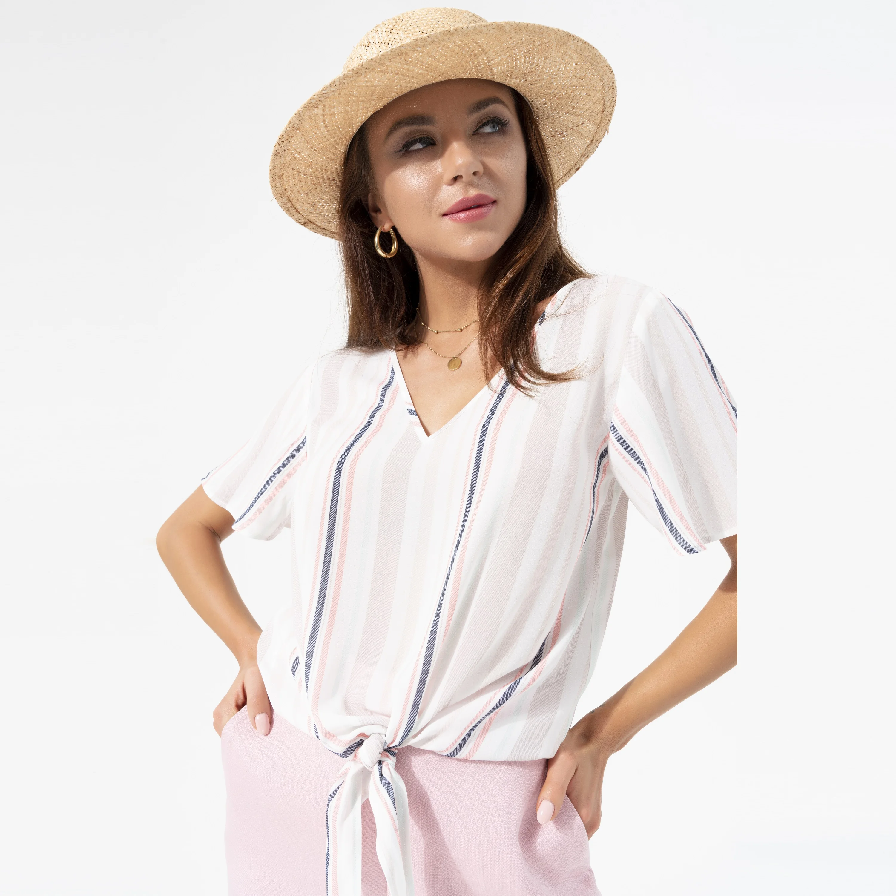 Women Chiffon Summer V Neck Flare Short Sleeve Front Tie Casual Top Blouses for Ladies