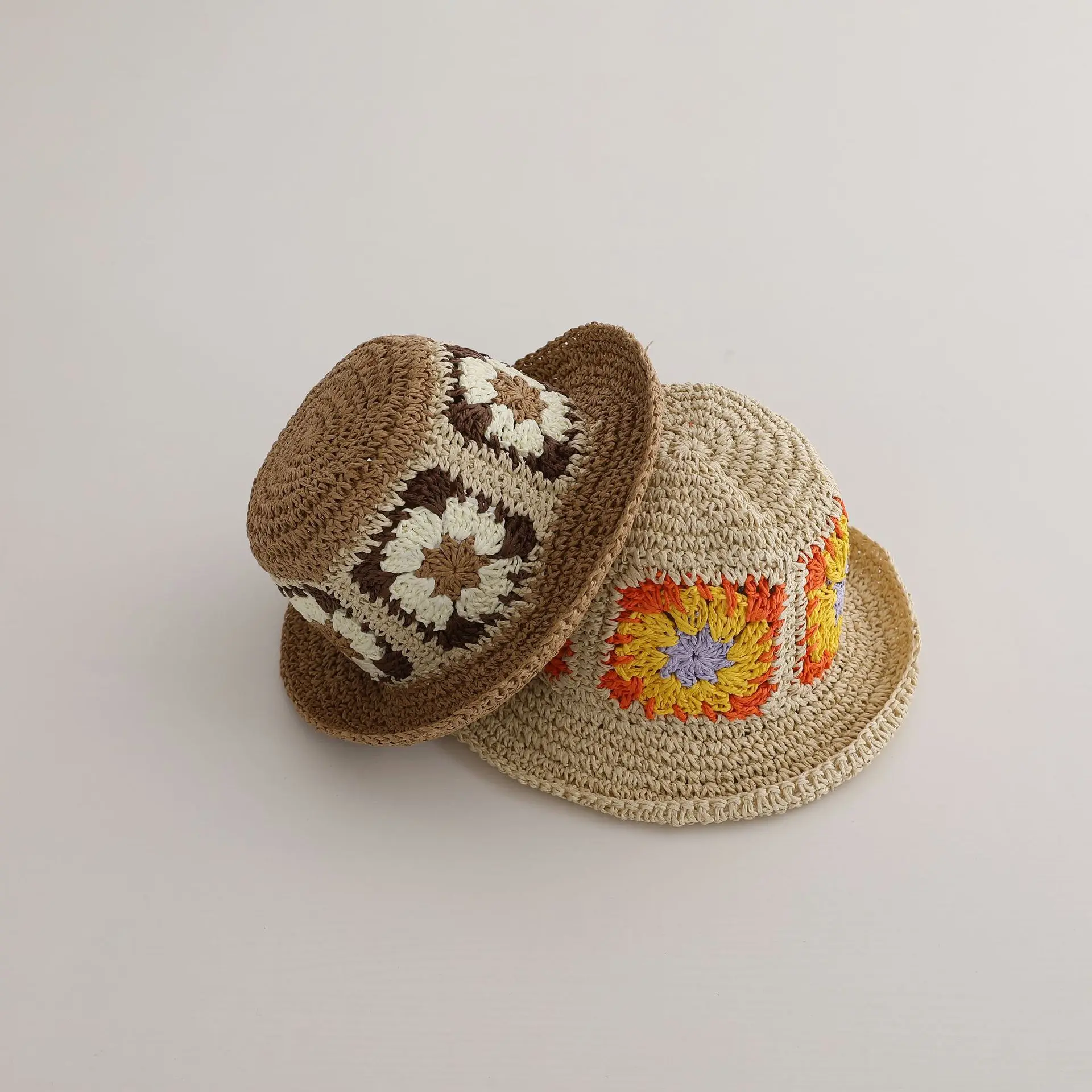 2024 New Summer Beach Vacation Children Sun Hat Simple Knitted Colorful Sunflower Beach Hat