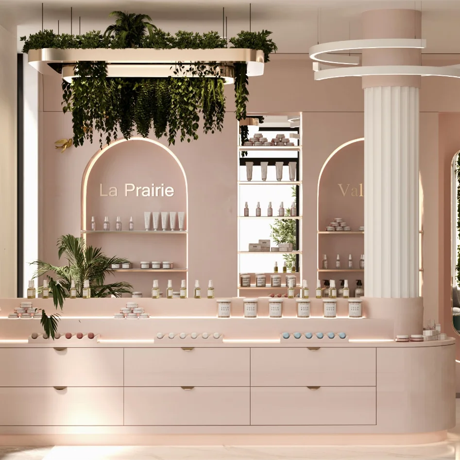 Luxury Beauty Shop Interior Decoration Counter Display Wooden Pharmacy Shop Display Cabinet Cosmetics Custom Vertical Shelf