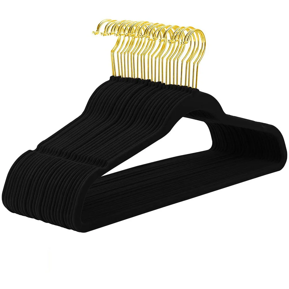 Hot Sale Plastic Velvet Coating Hanger Gold Hook Black Velvet Hanger Plastic For Clothing