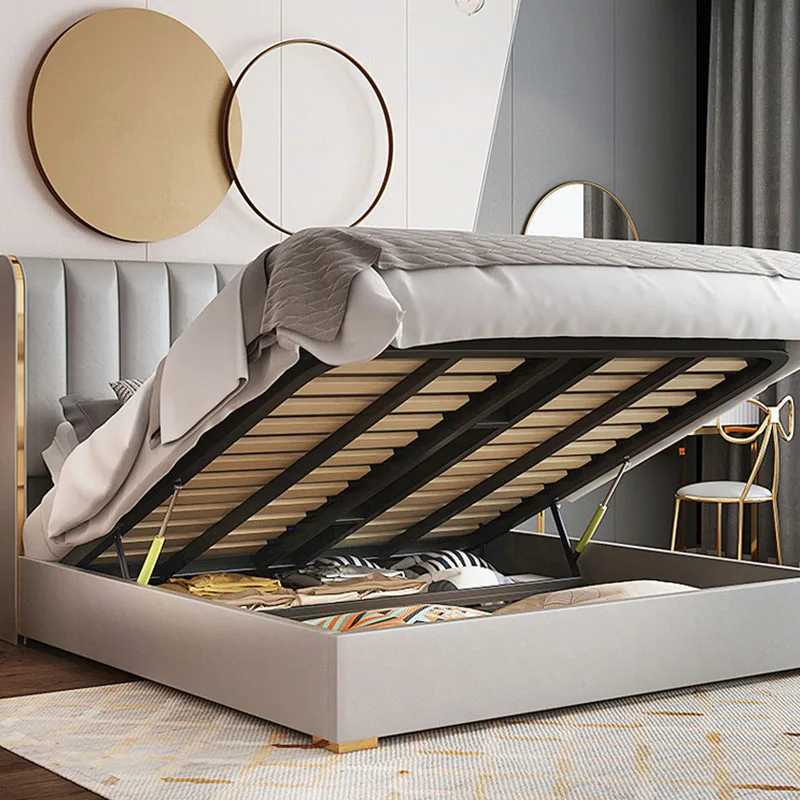 Mk M00025 Italian luxury bedroom set leather bed 1.8m double bed white bedroom furniture leather upholstered storage bed