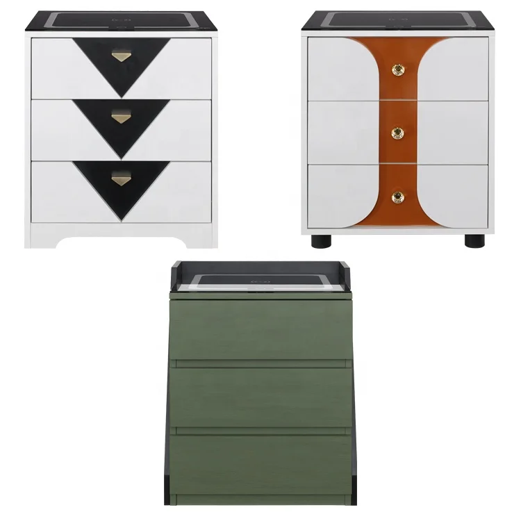 Jinsong Nordic White And Gold Multi-function Intelligent Chest Nightstand Cabinet Smart Wireless Charging Bedside Table