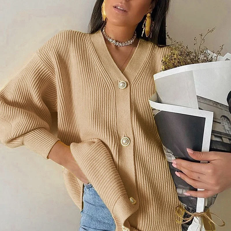 2021 fall new   V collar simple atmosphere elegant temperament knitting cardigan women  sweater long coat