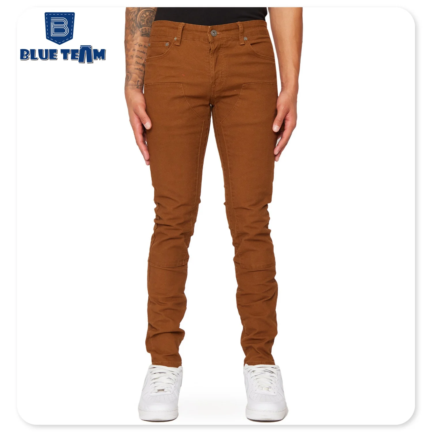Blue Team | Custom denim jeans manufacture brown carpenter denim jeans 7 pockets cargo pants skinny slim fit jeans for men
