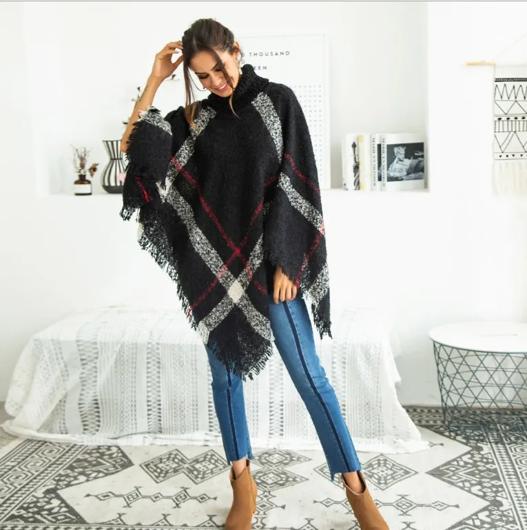 
Sweater Bat Sleeve Turtleneck Cape Cape Shawl Retro Tassel Knitted Jacket Sweater For Women 