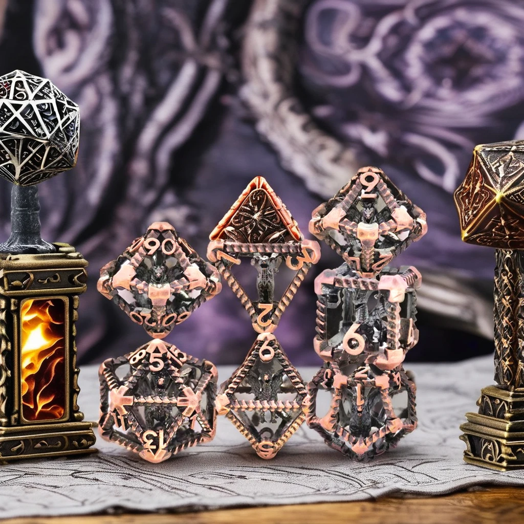 Mini Planet Wholesale RPG Board Games 3D Polyhedral Dragon Metal Dice Set Handmade Hollow Copper DND MTG Dice with Custom Logo