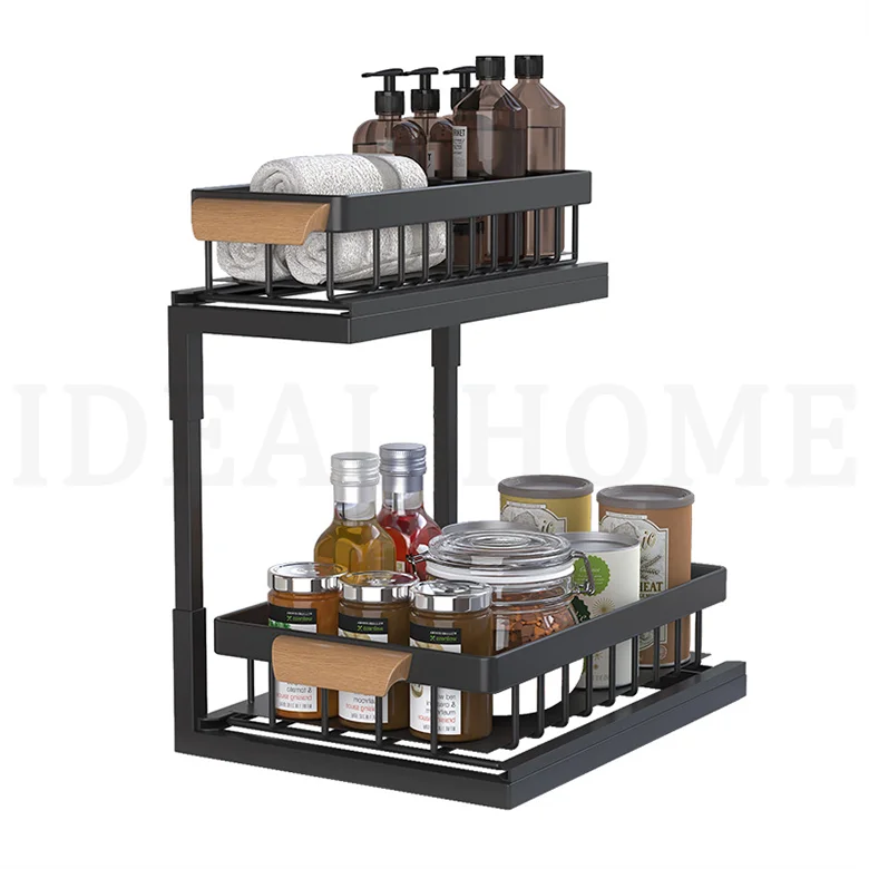 Factory customization Kitchen cabinet condiment layering storage rack drawer type deep cabinet under sink sink storage rack