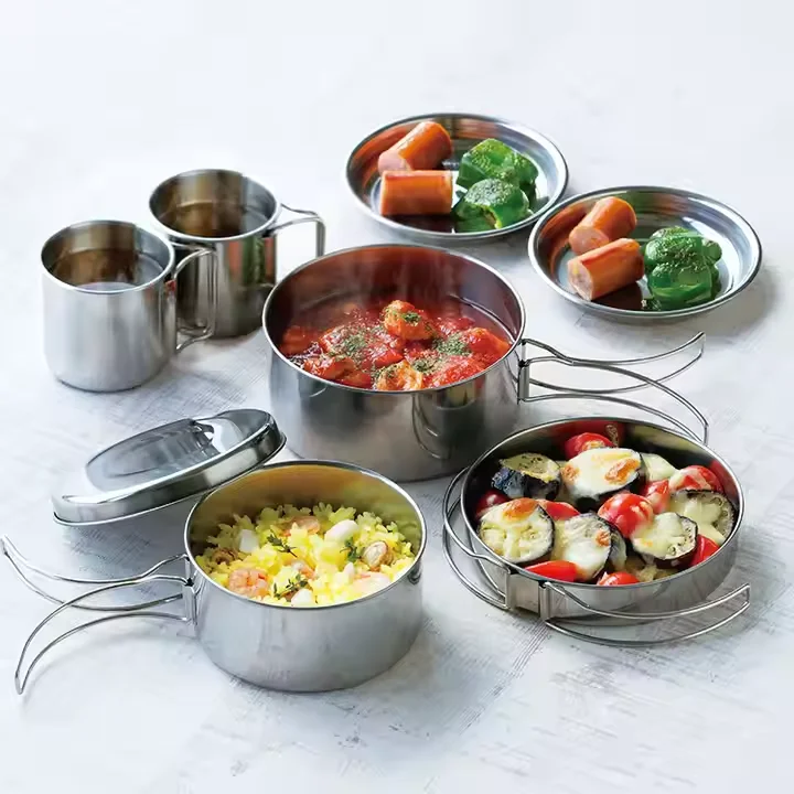 Excellent Quality Silver Food Grade 304 Stainless Steel Camping Cookware Mess Kit Camping Cooking Set