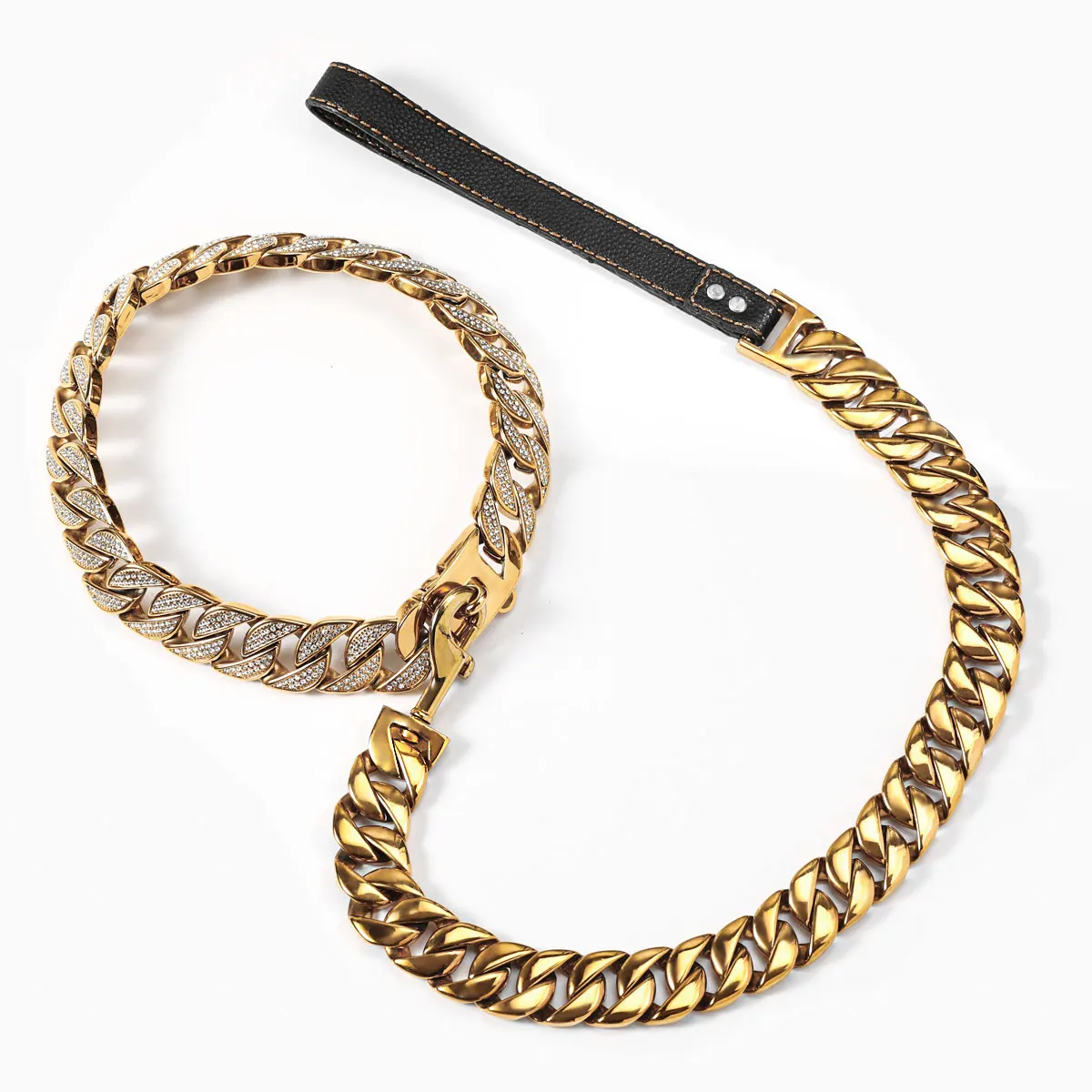 Gold Chain pet star Dog Collar hardware Heavy Duty Stainless Steel pet Cuban Link 32mm width 89cm length dog collar and leash