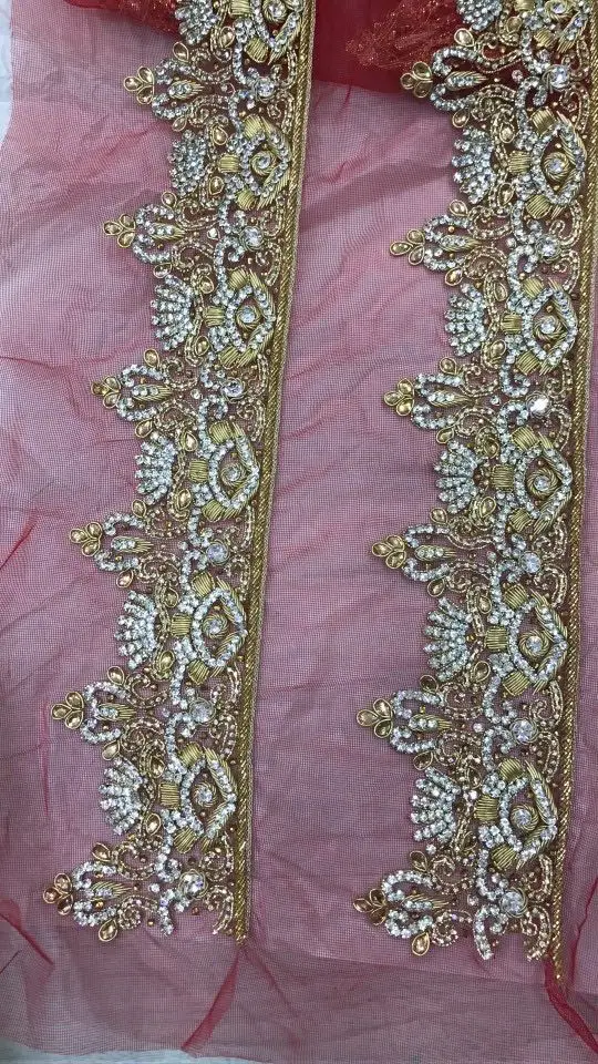 
India handmade zardozi stone design bullion wire applique 3d Tulle Net Bead Glitter Gold Lace trim 