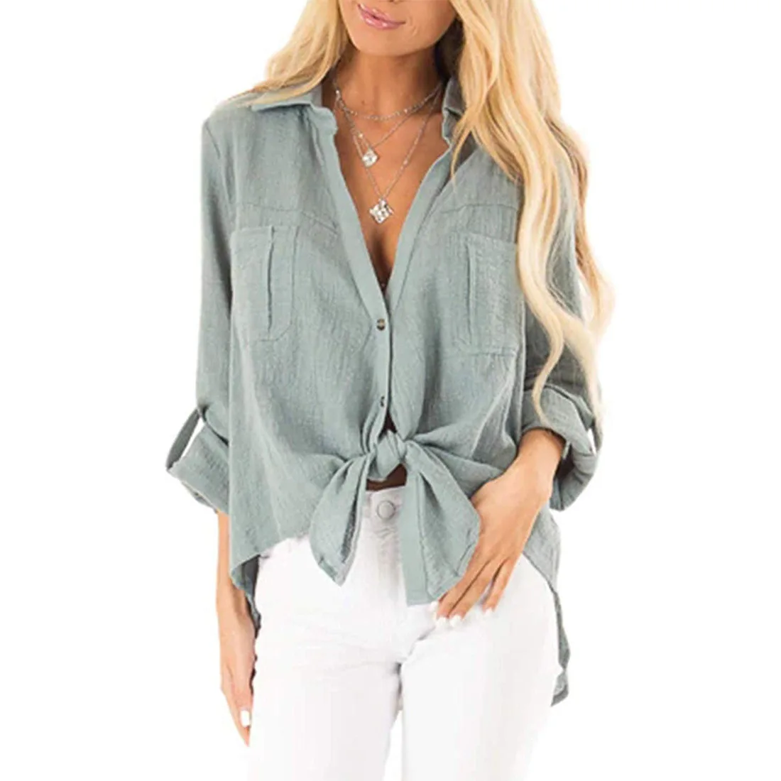 Spring and Autumn New Cotton and Linen Blouse Hot Style American V Neck Tied Knot Casual Loose Long Sleeve Blouse for Women