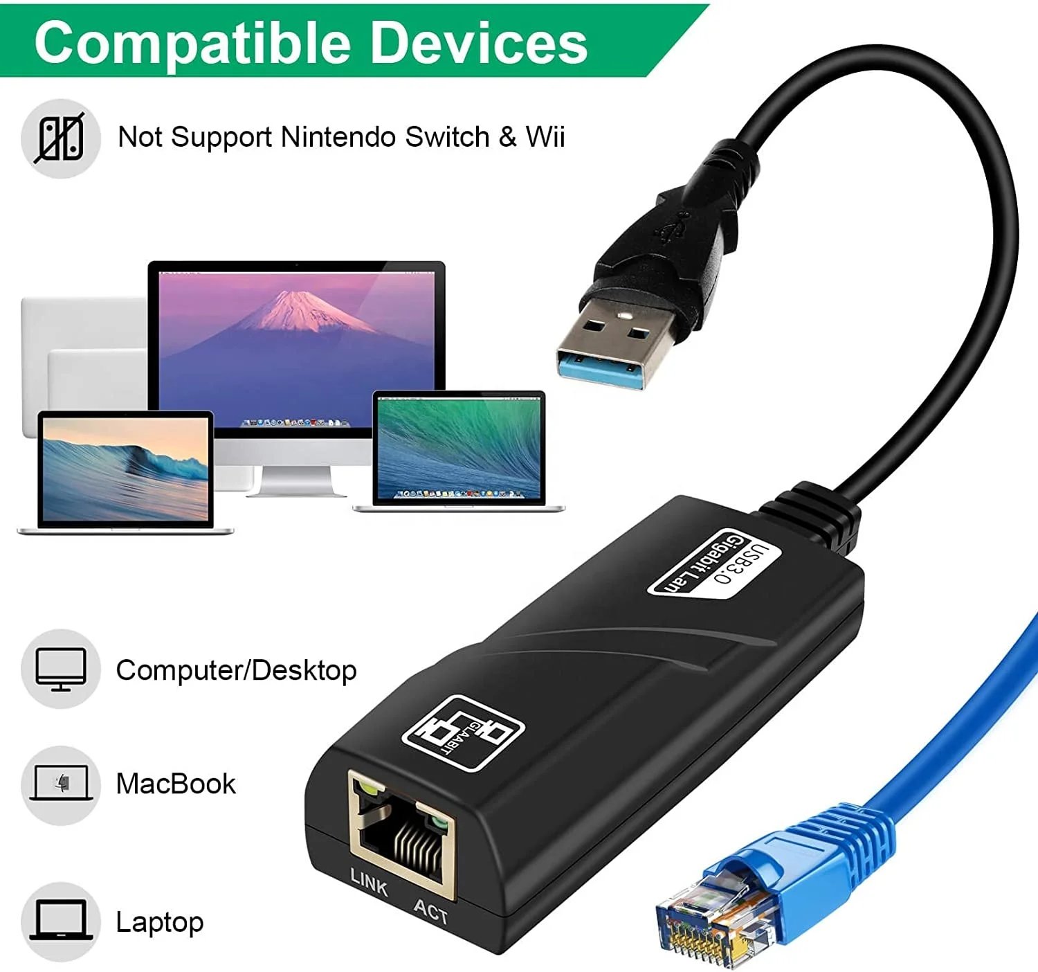 Portable Wired USB3.0 To Gigabit Ethernet RJ45 LAN (10/100/1000) Mbps Network Adapter Ethernet Network Card For PC Computer