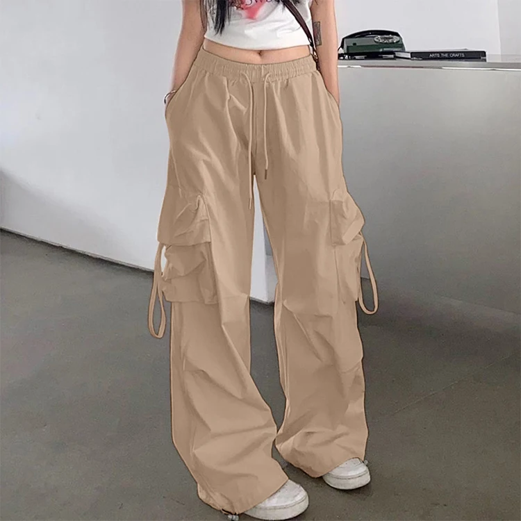 Custom OEM Manufacturer Vintage Pockets High Waist Streetwear baggy Casual ladies Long parachute Cargo Pant for women Trousers