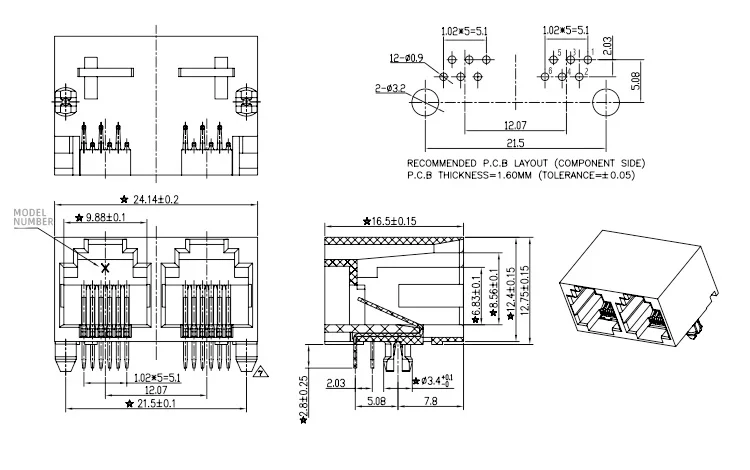 1X2 Port Modular Jack  RJ12 Side-Entry 6P6C Right-Angle 5521A RJ25 Connector L=16.5mm