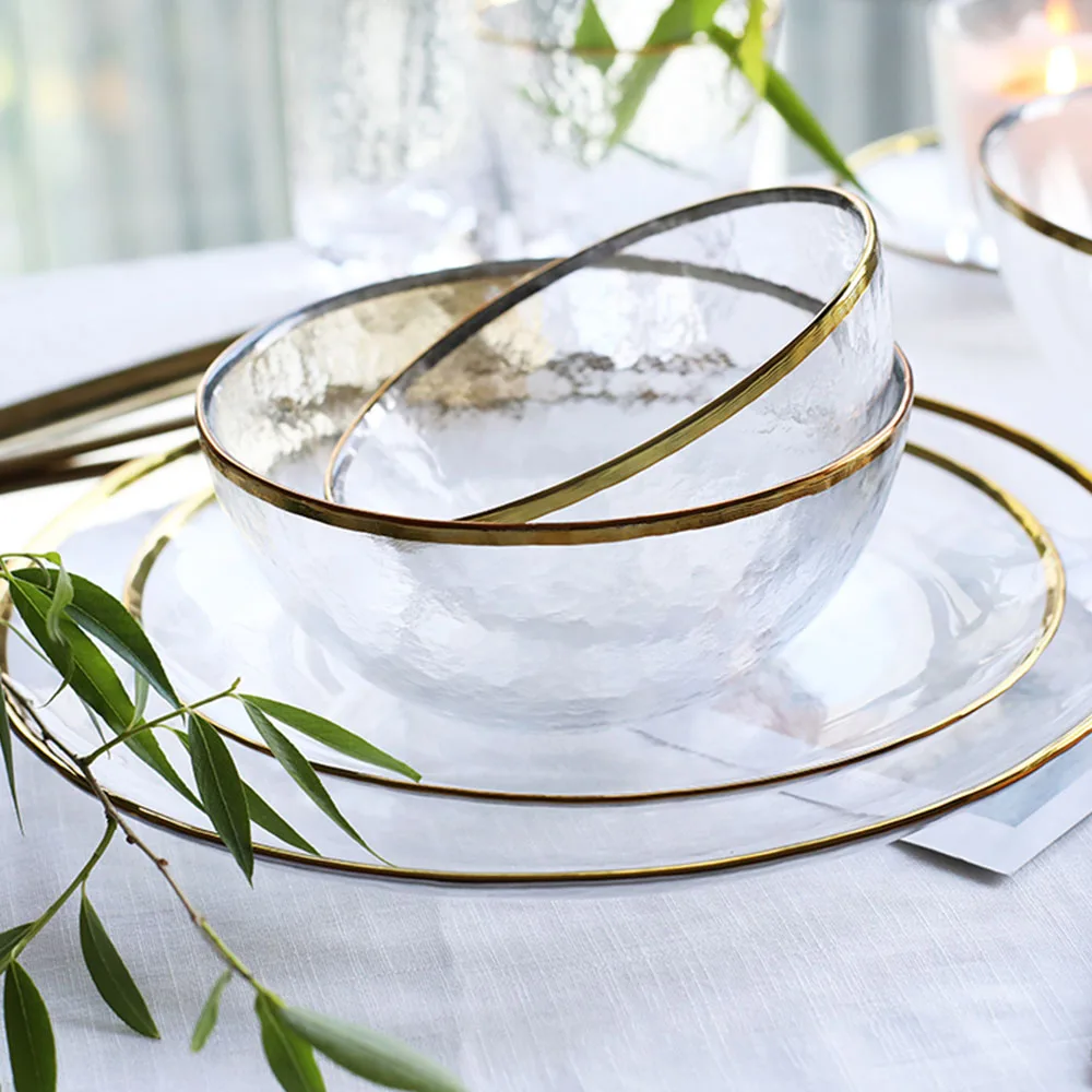 Durable Dinner Plate Glass Dinnerware Set With Fashion Gold Charger Platter Glass Dishes for Party