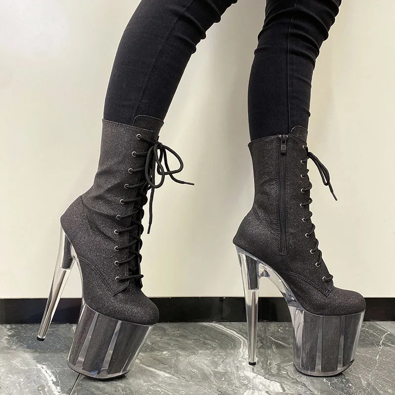 OEM/ODM glitter pole dance transparent stiletto 6 inch platform leather shoes women lace up boot with see through platform