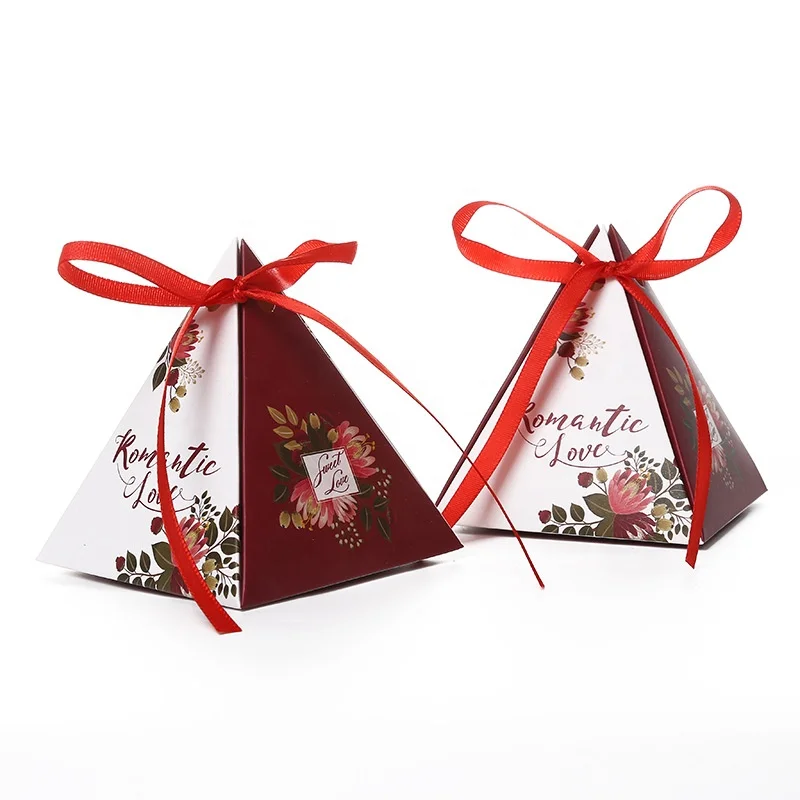 New Design DIY Triangle Pyramid Floral Flamingo Paper Birthday Wedding Gift Chocolate Candy Packaging Box with Bowknot