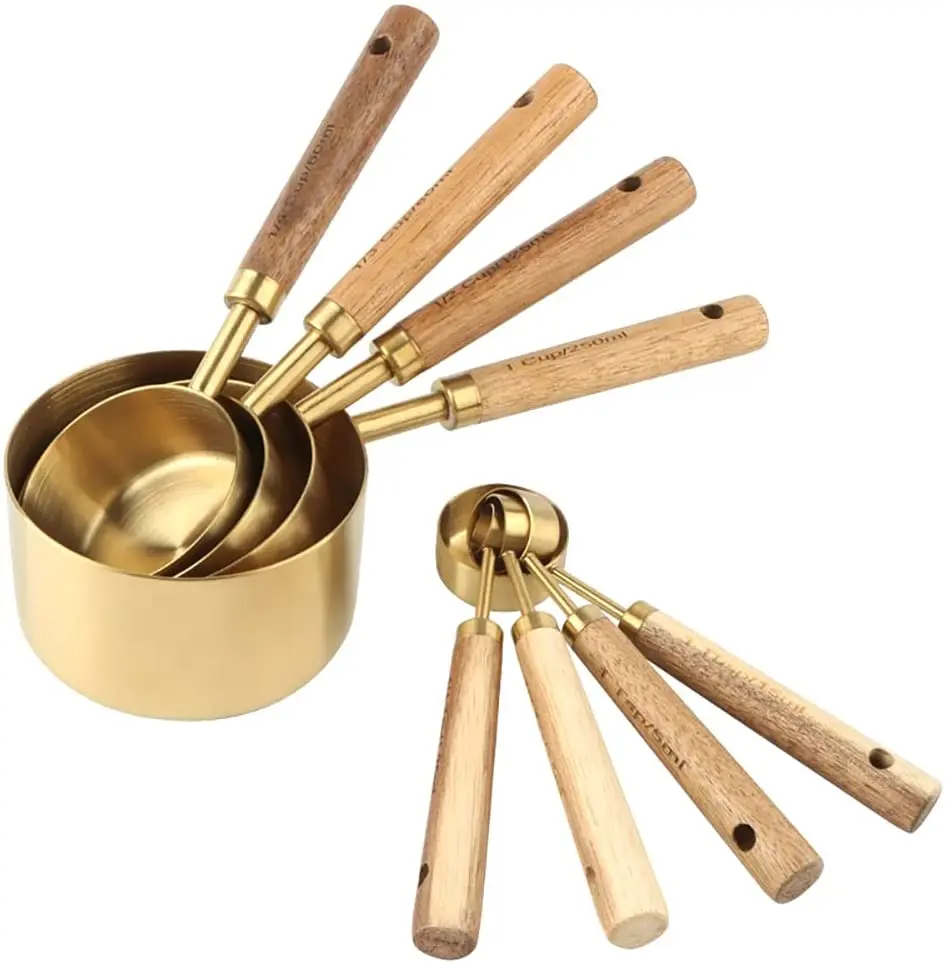 8 Piece Measuring Cups and Spoons Set   Spoons with Wood Handle for Dry and Liquid Ingredients