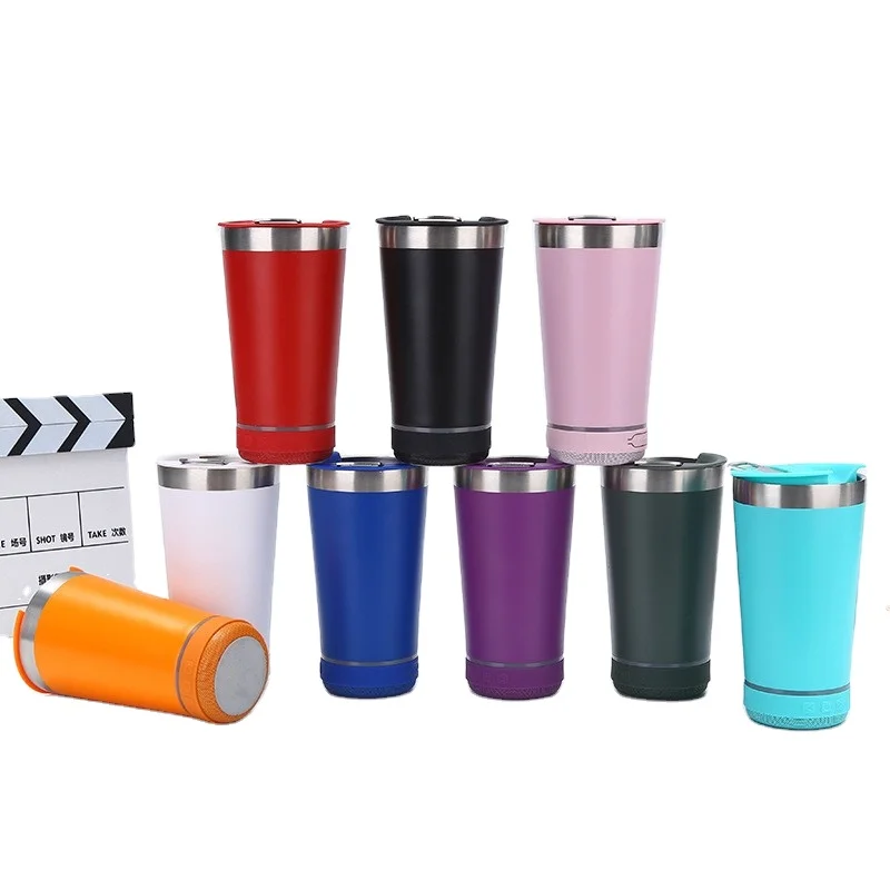 Custom Logo 16oz Smart Powder Coated Stainless Steel Vacuum Insulated Speaker Tumbler Travel Mug with Bottle Opener