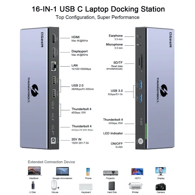 QGeeM 16-Port USB 3.0 Universal Laptop DP USBC Thunderbolt 4 Docking Station With DC Power Supply