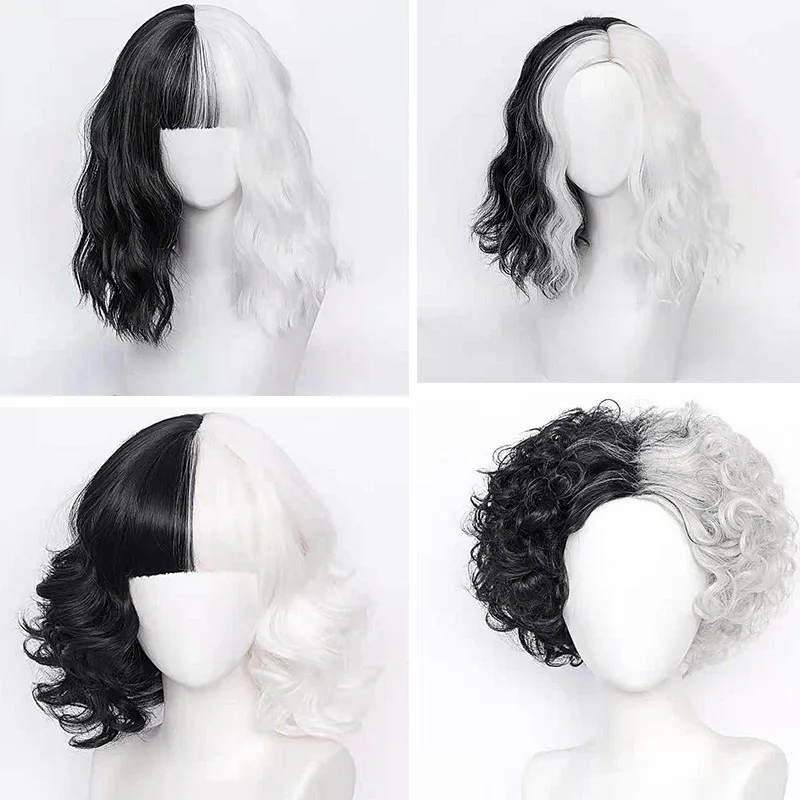 Cruella De Vil Cosplay Wig Short Fluffy Wavy Half Black and White Wigs Synthetic Hair for Halloween Short Bob Wavy