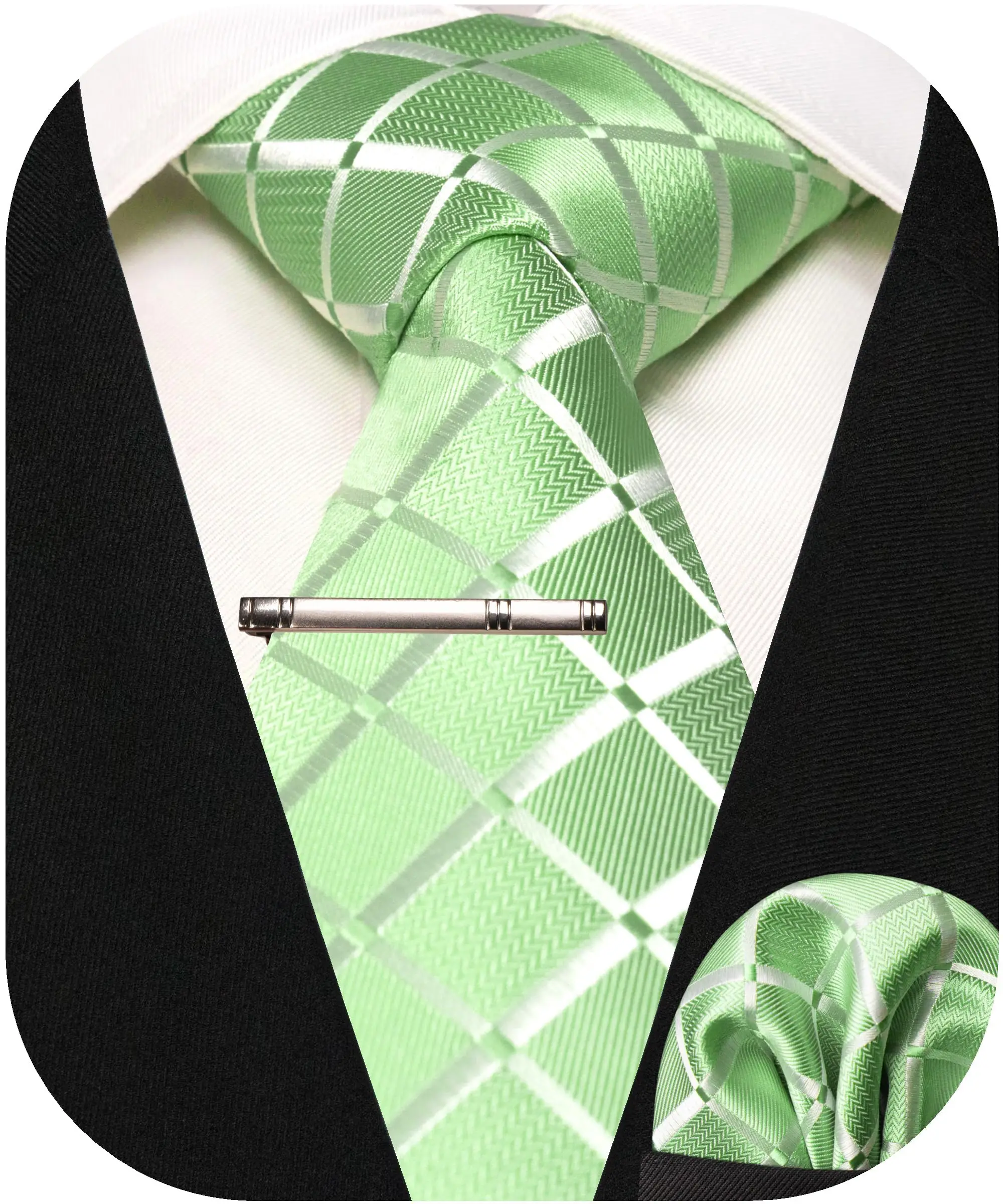 Newest Design Plaid Ties for Men Silk Checkered Necktie and Pocket Square Tie Clip Set for Wedding Business
