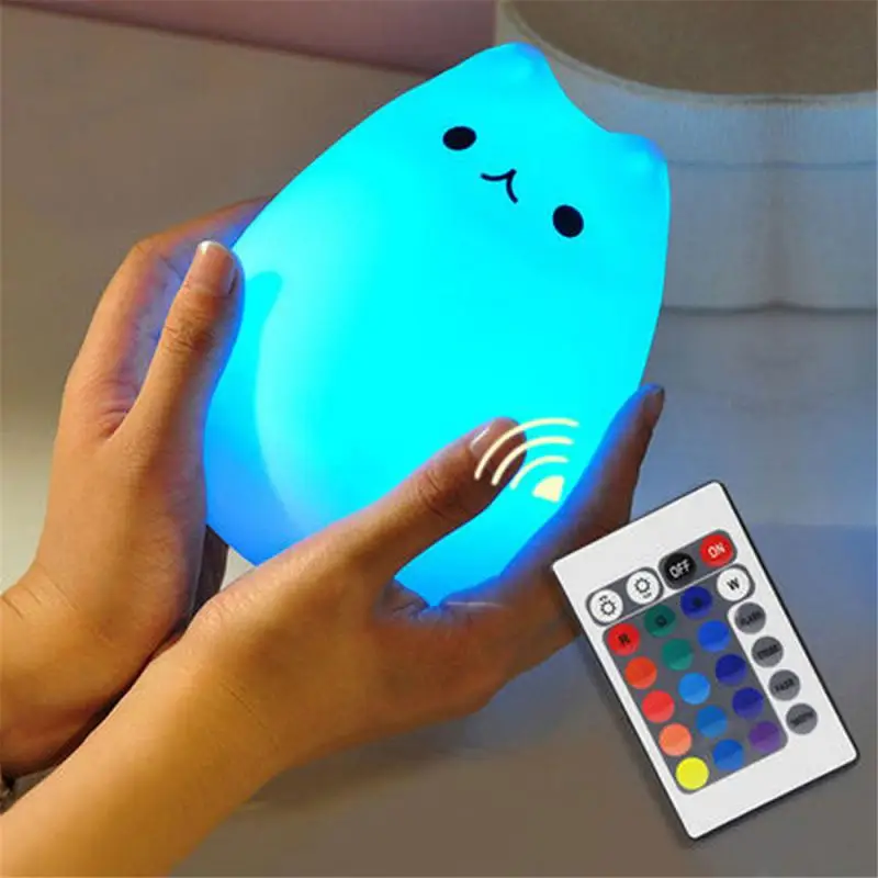 Vofull 2021 Soft Cat Silicone Baby Nursery Lamp 7 Single Colors Sensitive Tap Control Cute Led Night Light for Kids