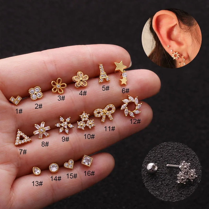 Gold ear piercing stainless steel zircon piercing stud ring women small stud earrings ear studs ear piercing jewelry cartilage