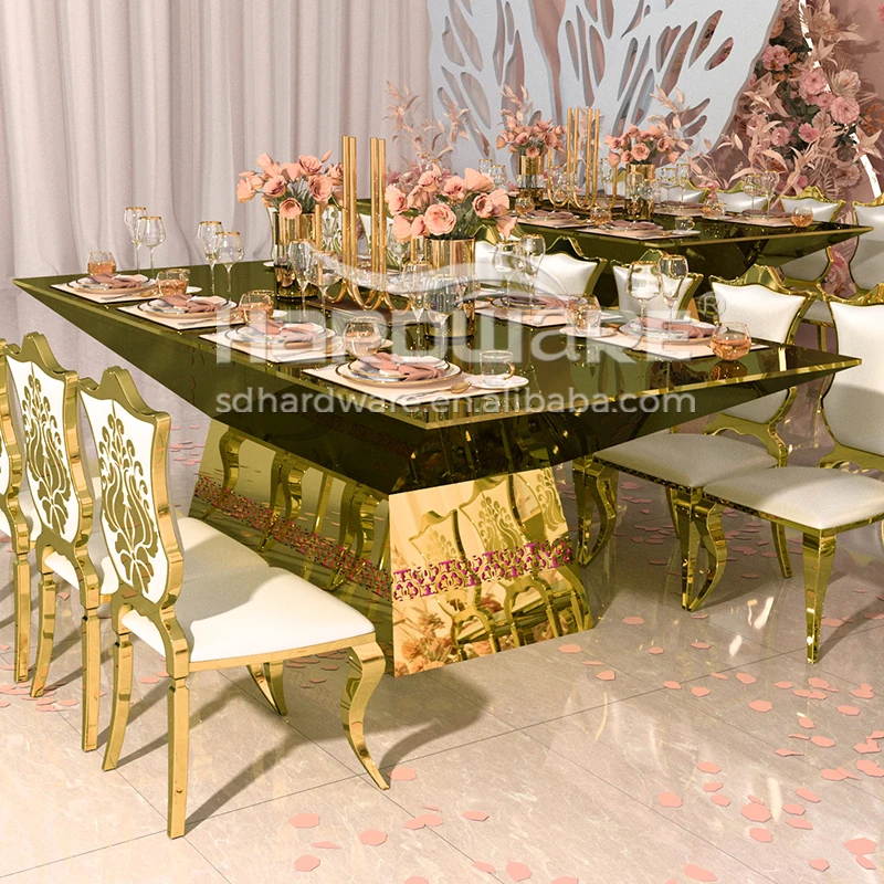 New Design Golden Glass Top Long Led Illuminated Wedding Dining Table Led