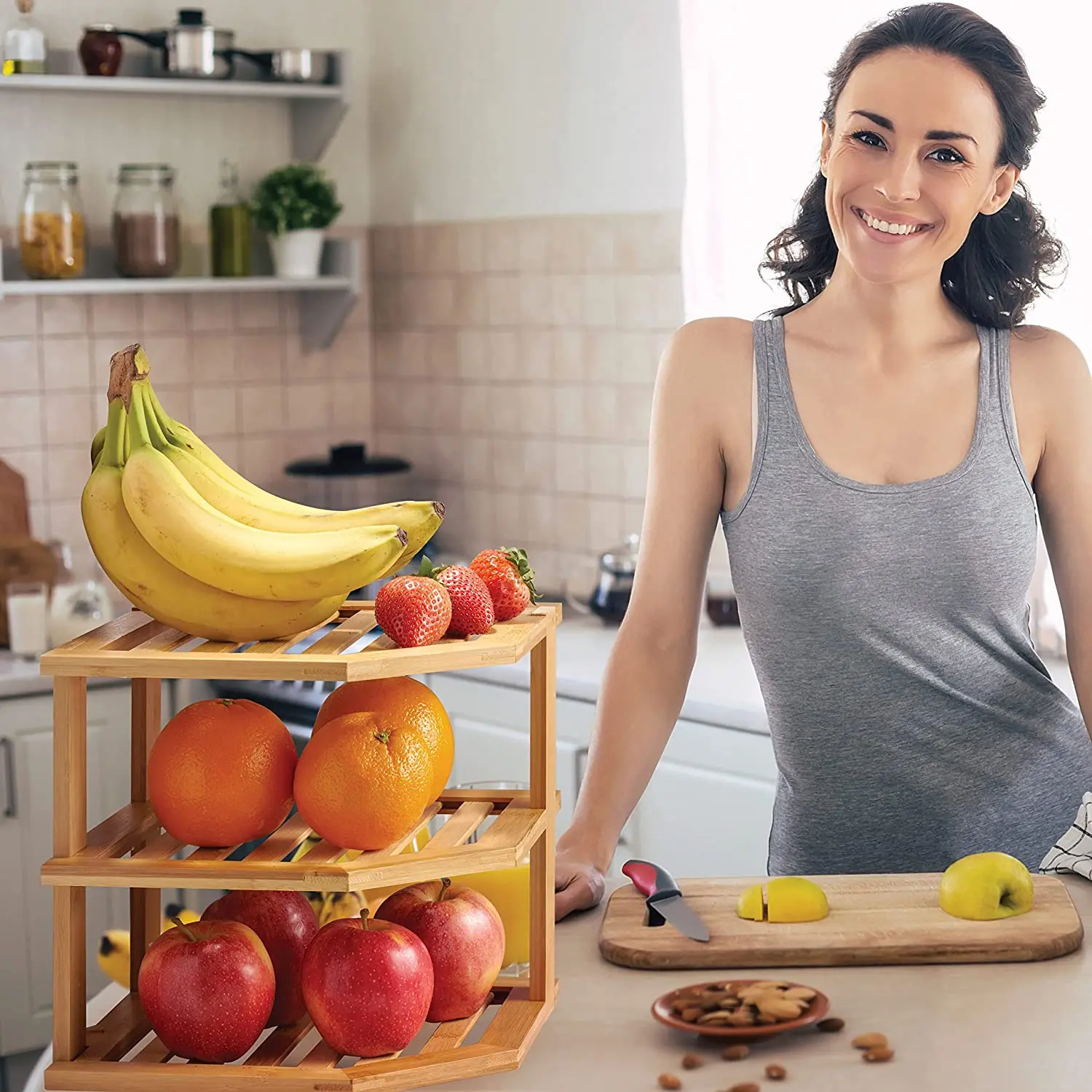 High quality bamboo 3-tier kitchen plate shelf storage countertop organizer space savers cabinet corner spice display rack