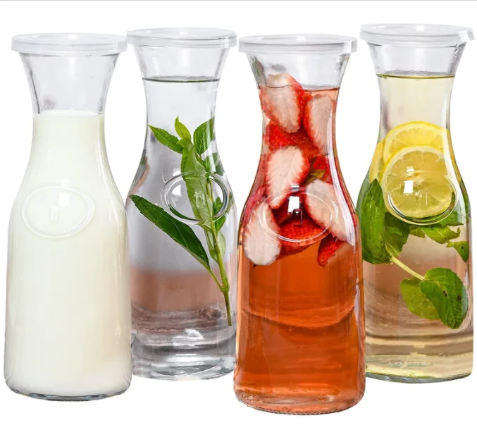 Glass Carafe Pitchers, Beverage Dispensers, Clear Jugs For Mimosas Water Milk and Juice, with Plastic Lids