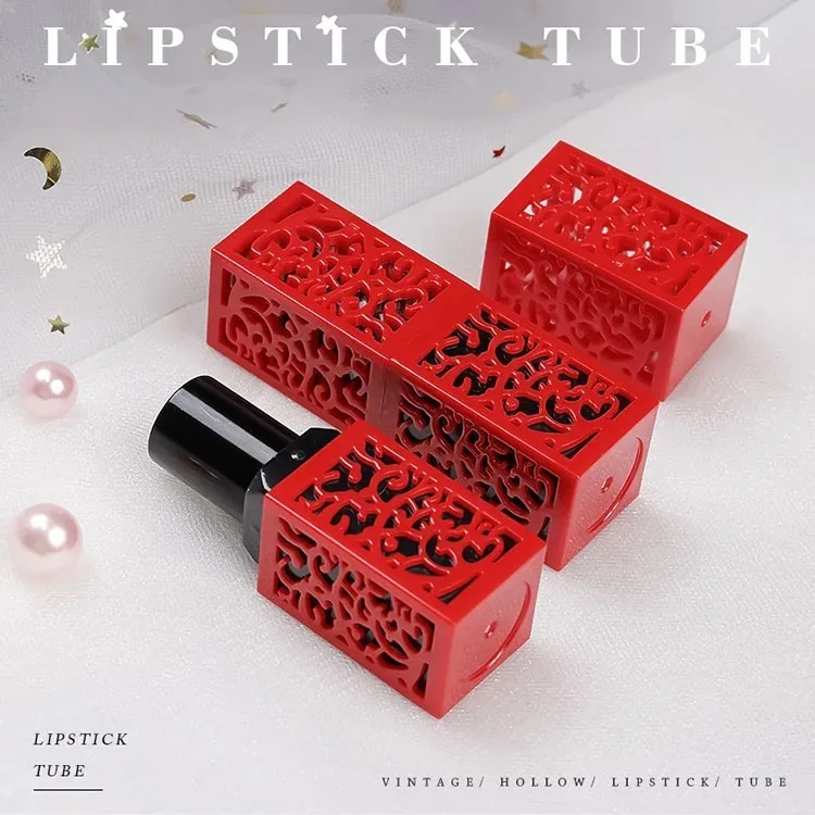 Factory Wholesale Price 3D Chinese Style Retro Hollow Lipstick Tube New Square Lip Balm Container Plastic Cosmetic Lip Beauty